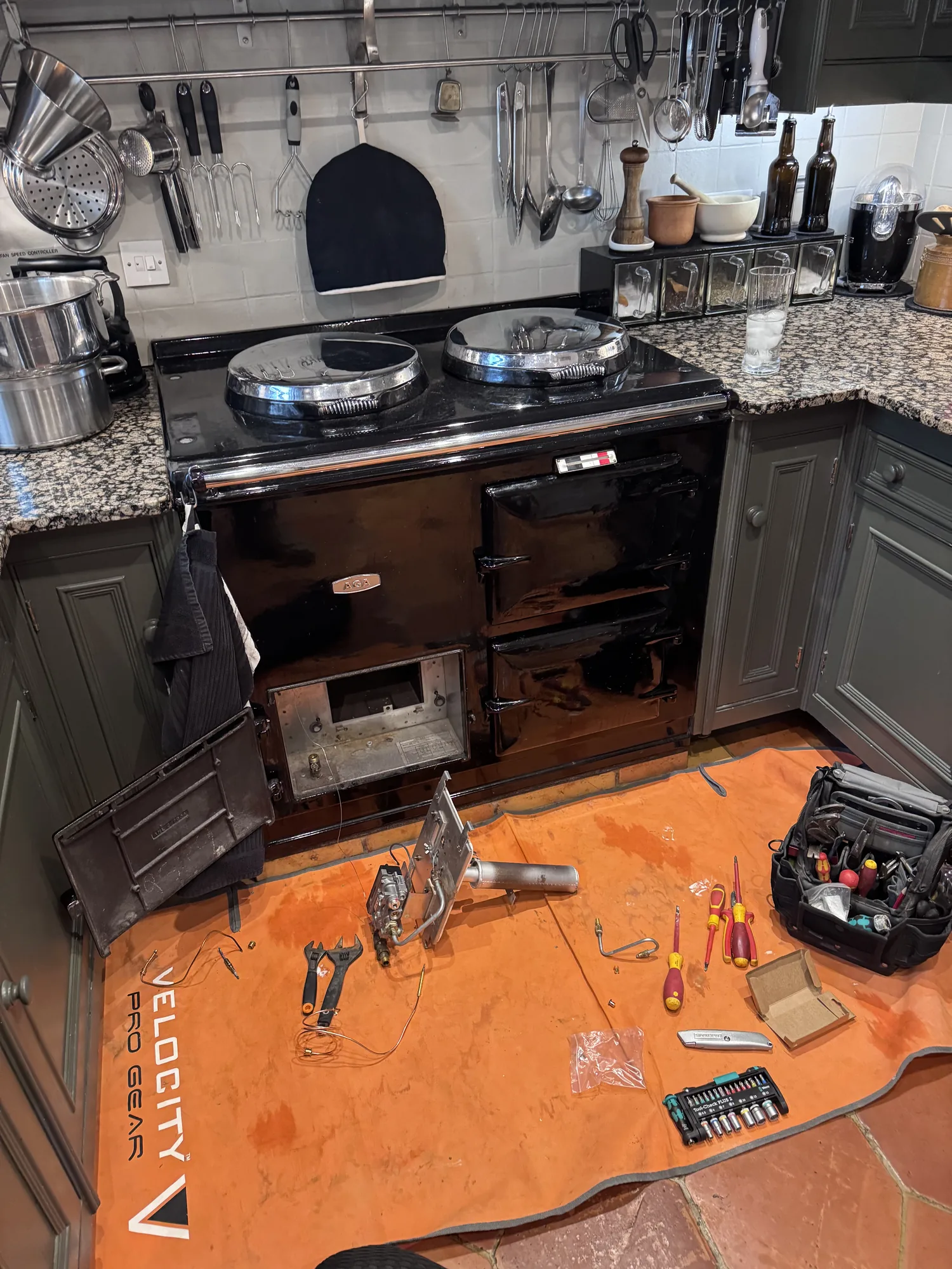 AGA range cooker open during annual service