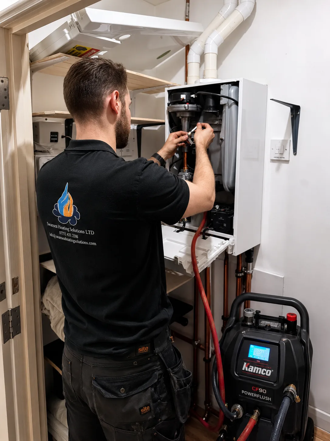 Thomas Baiss of Stansted Heating Solutions working on a boiler during a power flush