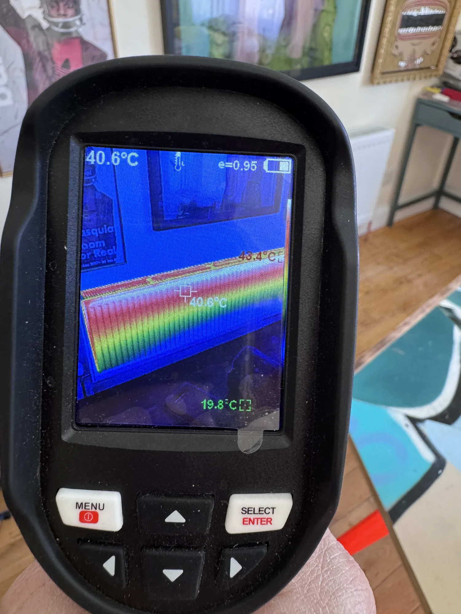 Close-up thermal scan of a radiator showing even heat distribution